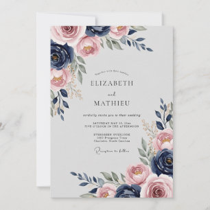 Invitation Mariage Floral Séraphique Bleu Nuit
