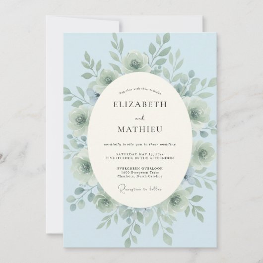 Invitation Mariage Floral Sérénité Bleu Bébé (Devant)