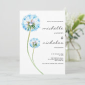 Invitation Mariage floral simple bleu lilas vert dandelion (Debout devant)