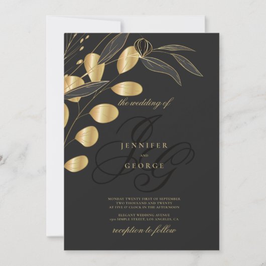 Invitation Mariage floral simple or noir monogramme initiales (Devant)