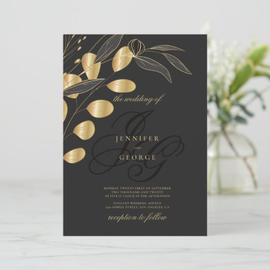 Invitation Mariage floral simple or noir monogramme initiales (Debout devant)
