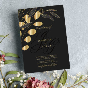 Invitation Mariage floral simple or noir monogramme initiales