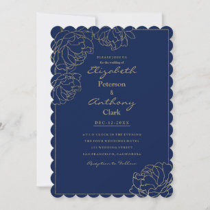 Invitation Mariage floral sophistiqué bleu marine or