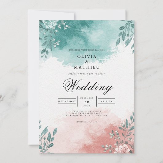Invitation Mariage Floral Splash Corail Sarcelle (Devant)