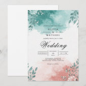 Invitation Mariage Floral Splash Corail Sarcelle (Devant / Derrière)