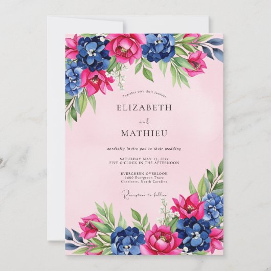 Invitation Mariage Floral Splendide Navy Rose (Devant)