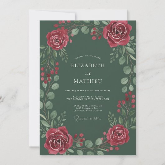 Invitation Mariage Floral Splendide Vert Chasseur (Devant)