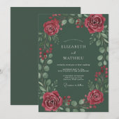 Invitation Mariage Floral Splendide Vert Chasseur (Devant / Derrière)