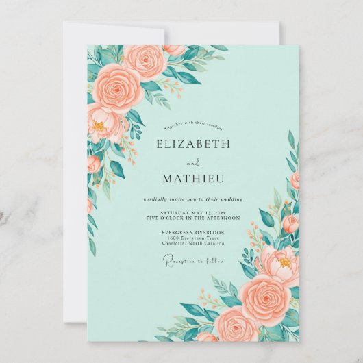 Invitation Mariage Floral Splendide Vert Menthe (Devant)