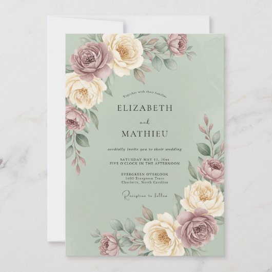 Invitation Mariage Floral Splendide Vert Sauge (Devant)