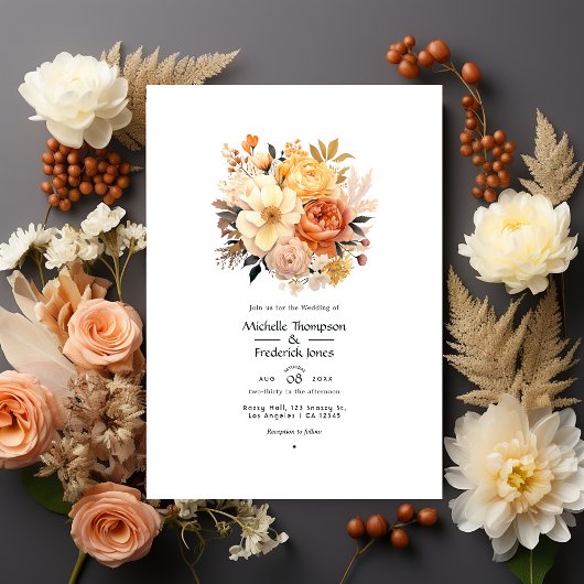 Invitation Mariage floral Tan, pêche et sable