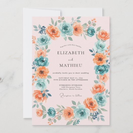 Invitation Mariage Floral Teinte de Corail (Devant)