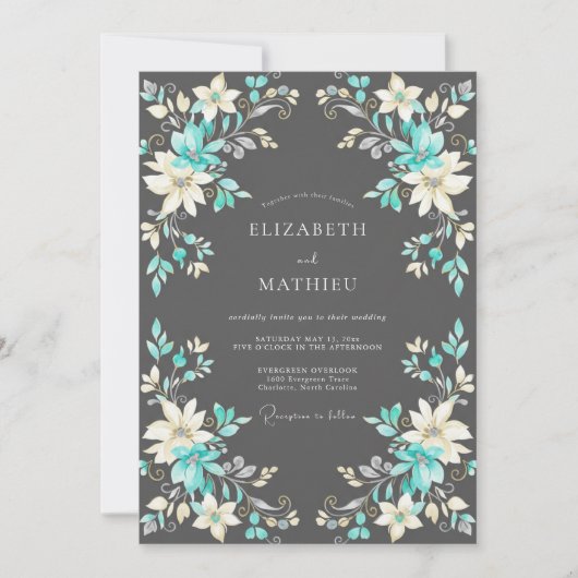 Invitation Mariage Floral Teinté de Sarcelle (Devant)