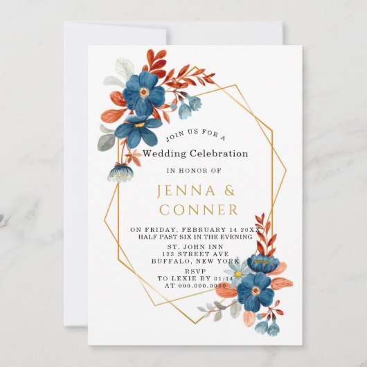 Invitation Mariage floral Terracotta Bleu Nuit Or (Devant)