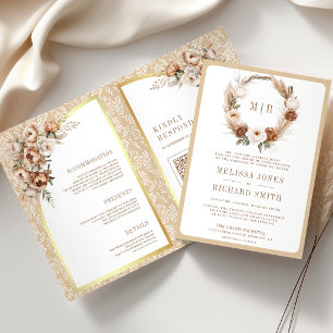 Invitation Mariage Floral Terreux Neutre Beige Bohème Pampas