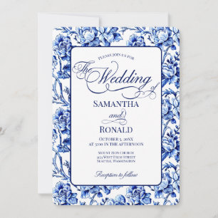 Invitation Mariage floral toile bleu et blanc avec calligraph