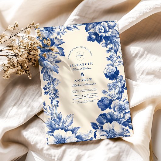 Invitation Mariage Floral Toile bleu vintage