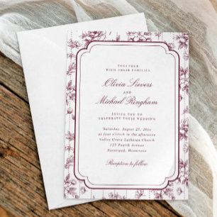 Invitation Mariage Floral Toile Rouge Vin Rouge Français
