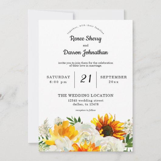 Invitation Mariage floral tournesol et rose blanche (Devant)