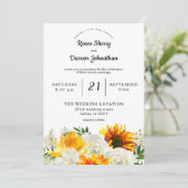 Invitation Mariage floral tournesol et rose blanche (Debout devant)