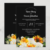 Invitation Mariage floral tournesol et rose blanche - Noir (Devant / Derrière)
