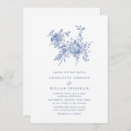 Invitation Mariage floral tout simple Bleu Toile (Devant / Derrière)
