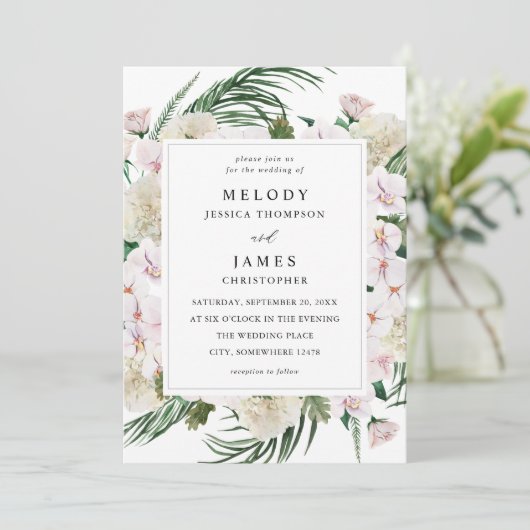 Invitation Mariage floral tropical Boho vert (Debout devant)