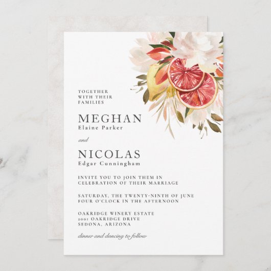 Invitation Mariage floral tropical Citrus Boho (Devant / Derrière)