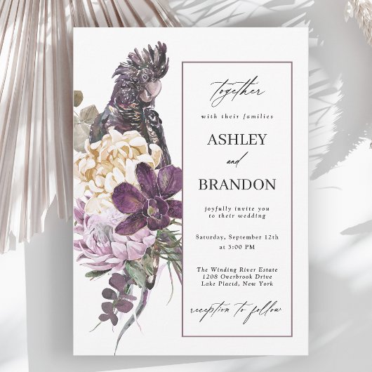 Invitation Mariage floral tropical du Boho de perroquet pourp