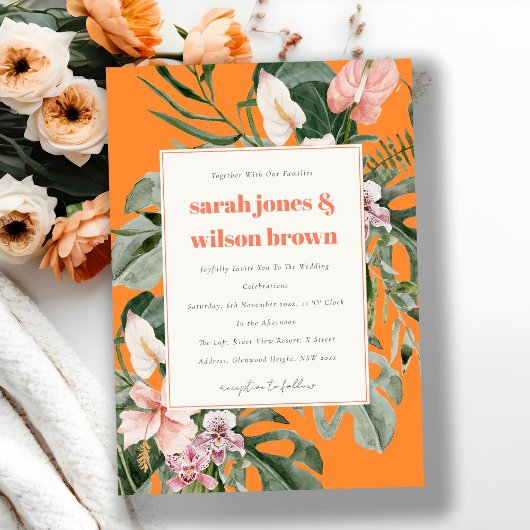 Invitation Mariage floral tropical orange vif Boho