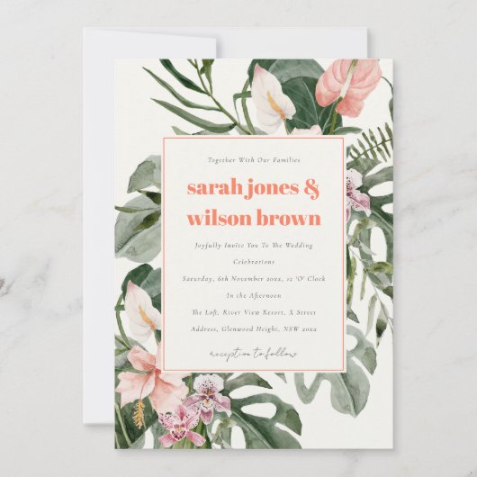 Invitation Mariage floral tropical vibrant Peach Blush Boho (Devant)