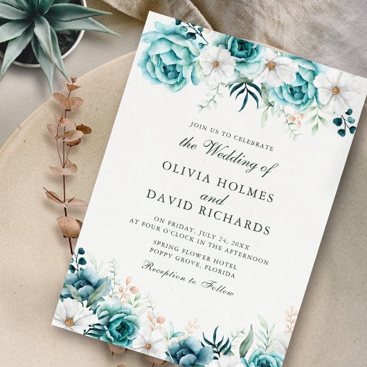 Invitation Mariage floral Turquoise blanc