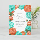 Invitation Mariage Floral Turquoise & Corail (Debout devant)