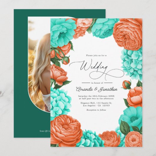 Invitation Mariage Floral Turquoise & Corail (Devant / Derrière)