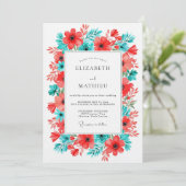 Invitation Mariage Floral Turquoise Corail (Debout devant)
