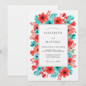 Invitation Mariage Floral Turquoise Corail (Devant / Derrière)