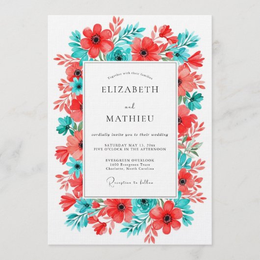 Invitation Mariage Floral Turquoise Corail (Devant)