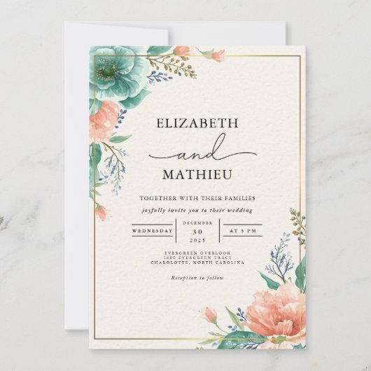 Invitation Mariage floral Turquoise de corail doux (Devant)