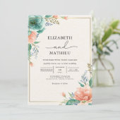 Invitation Mariage floral Turquoise de corail doux (Debout devant)