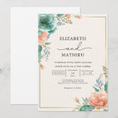 Invitation Mariage floral Turquoise de corail doux (Devant / Derrière)