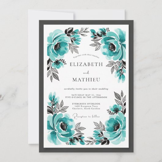 Invitation Mariage Floral Turquoise Éclatant (Devant)