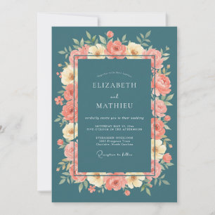Invitation Mariage Floral Turquoise Embrassant