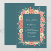 Invitation Mariage Floral Turquoise Embrassant (Devant / Derrière)