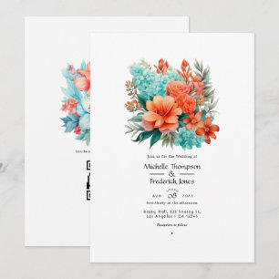 Invitation Mariage floral turquoise et corail