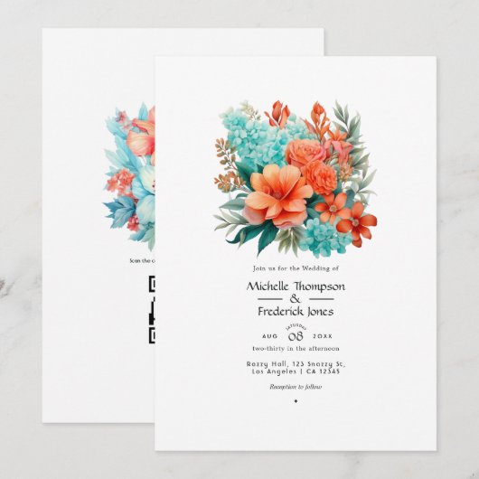 Invitation Mariage Floral Turquoise et Corail (Devant / Derrière)