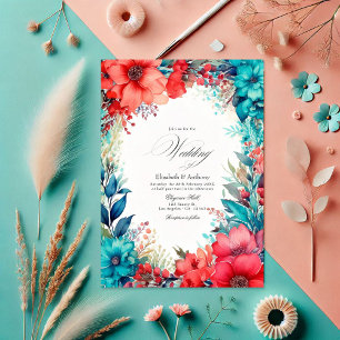 Invitation Mariage floral turquoise et corail