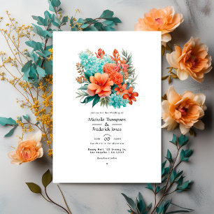 Invitation Mariage floral turquoise et corail
