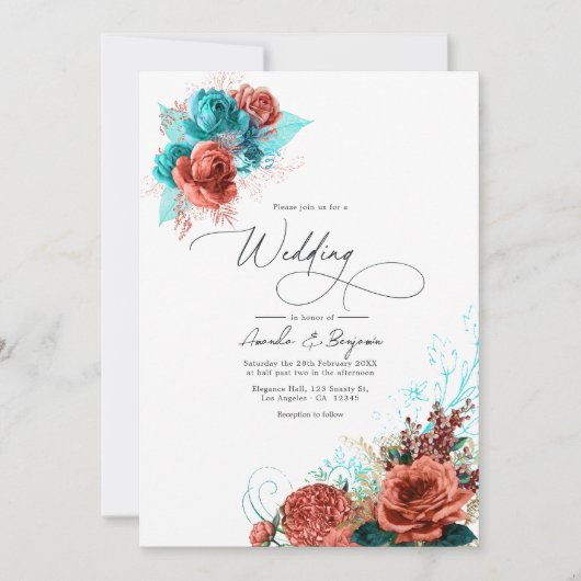 Invitation Mariage floral turquoise et corail (Devant)