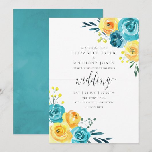Invitation Mariage floral turquoise et jaune (Devant / Derrière)