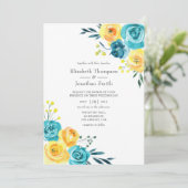 Invitation Mariage floral turquoise et jaune (Debout devant)